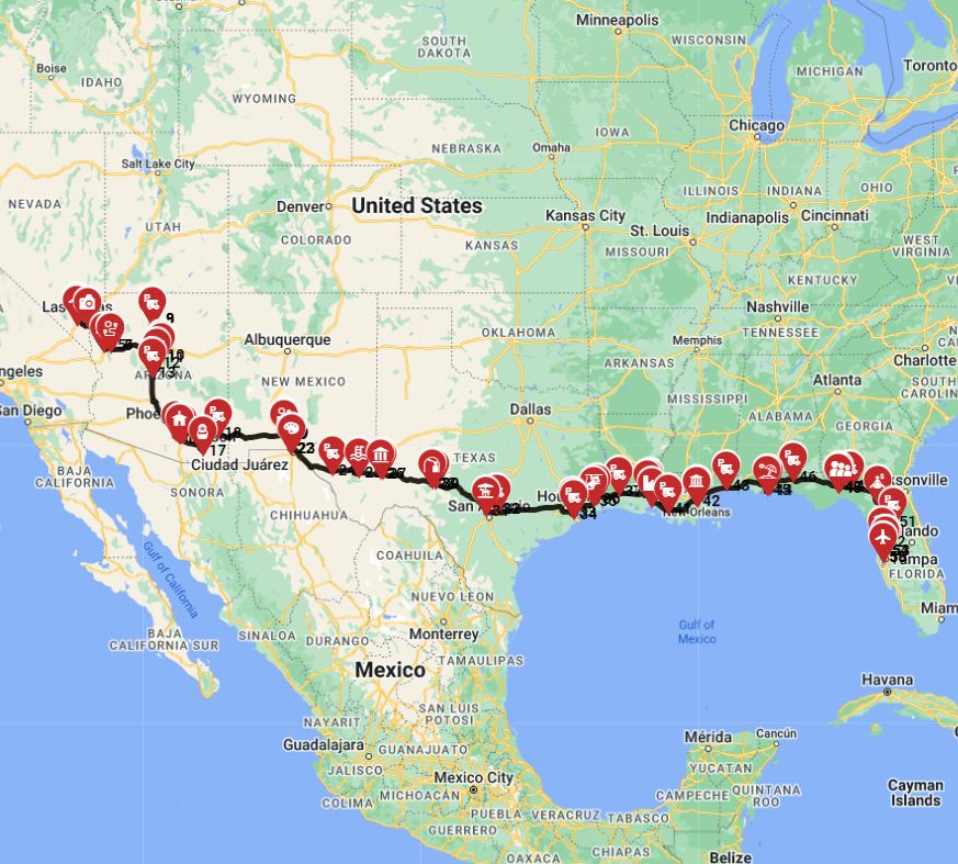 Map for Las Vegas to Tampa